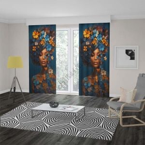 Saçları Çiçekli Zenci Kadın Dijital Baskılı Fon Perde