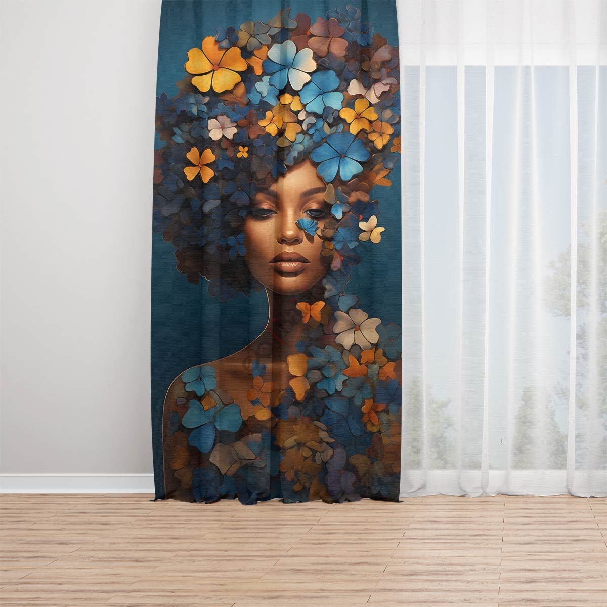Saçları Çiçekli Zenci Kadın Dijital Baskılı Fon Perde Tek Kanat 140x260 cm