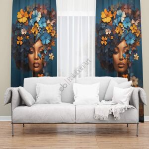 Saçları Çiçekli Zenci Kadın Dijital Baskılı Fon Perde Çift Kanat 280x240 cm