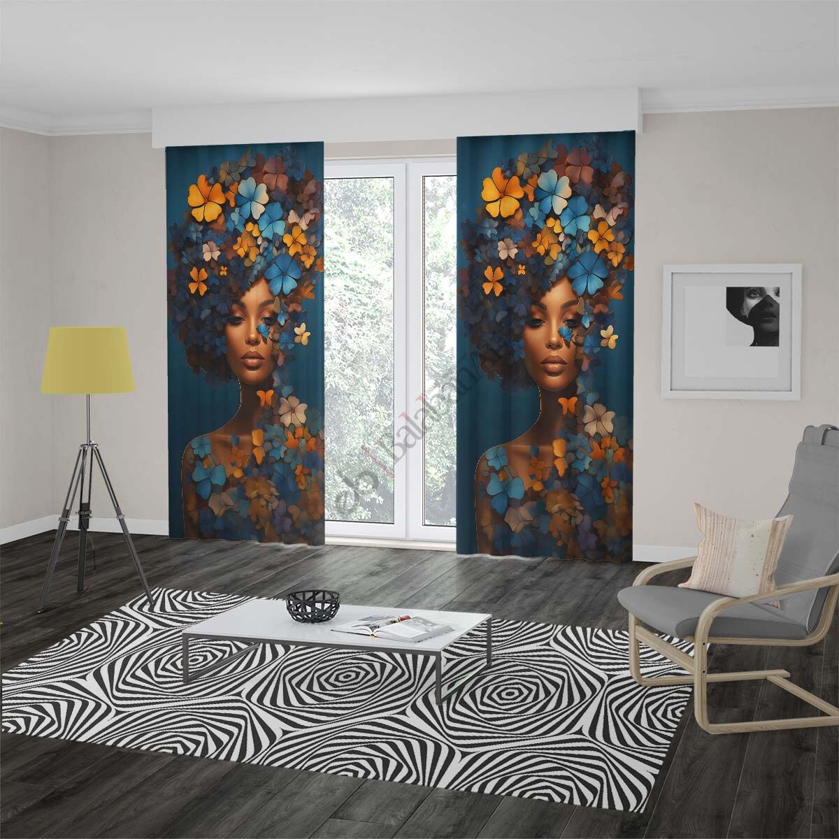 Saçları Çiçekli Zenci Kadın Dijital Baskılı Fon Perde Çift Kanat 280x260 cm