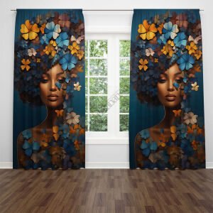 Saçları Çiçekli Zenci Kadın Dijital Baskılı Fon Perde Çift Kanat 280x260 cm