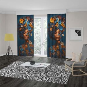 Saçları Çiçekli Zenci Kadın Dijital Baskılı Fon Perde Çift Kanat 280x260 cm