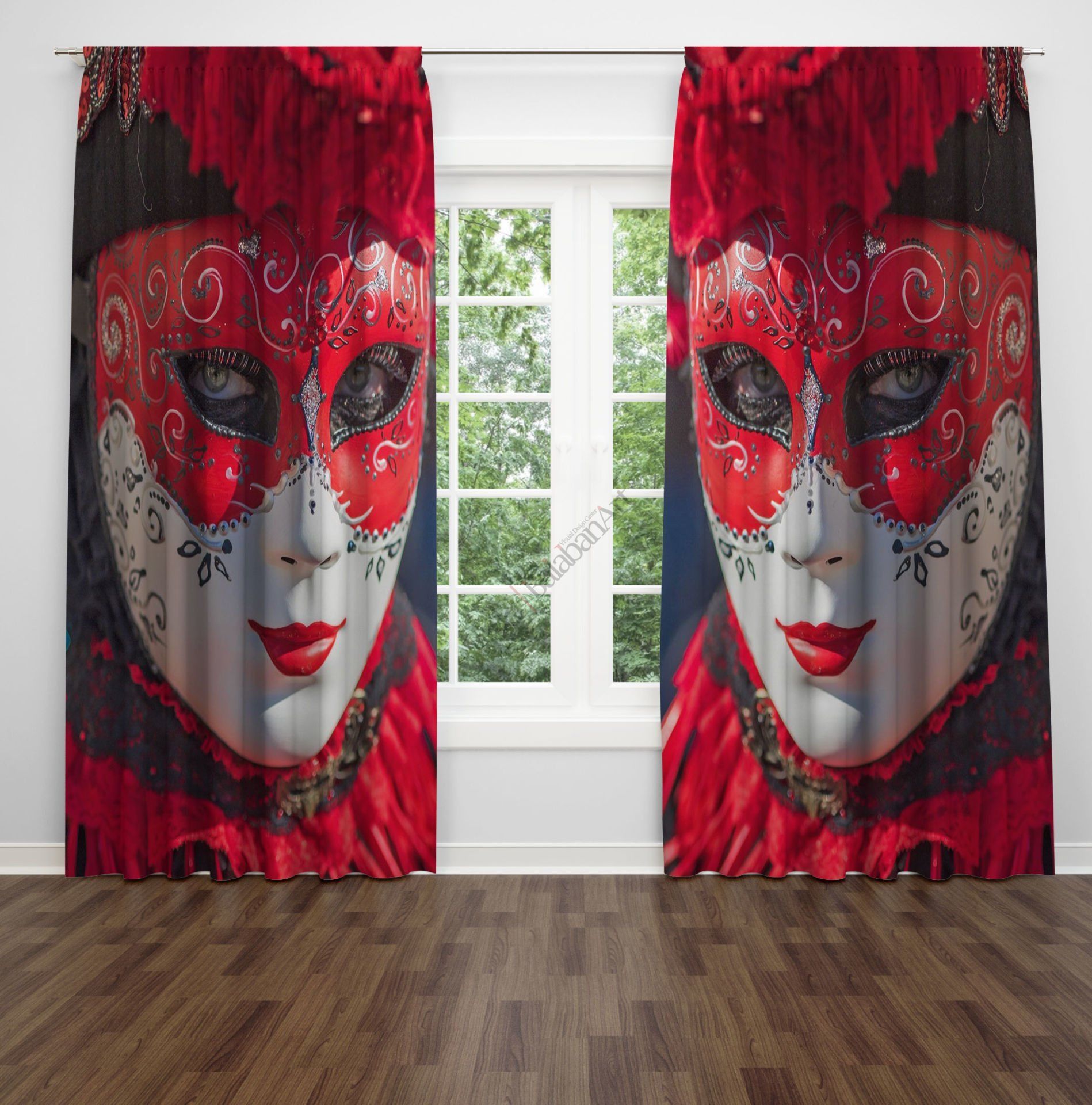 Kırmızı Tüy Başlıklı Kadın Dijital Baskılı Fon Perde Çift Kanat 280x240 cm