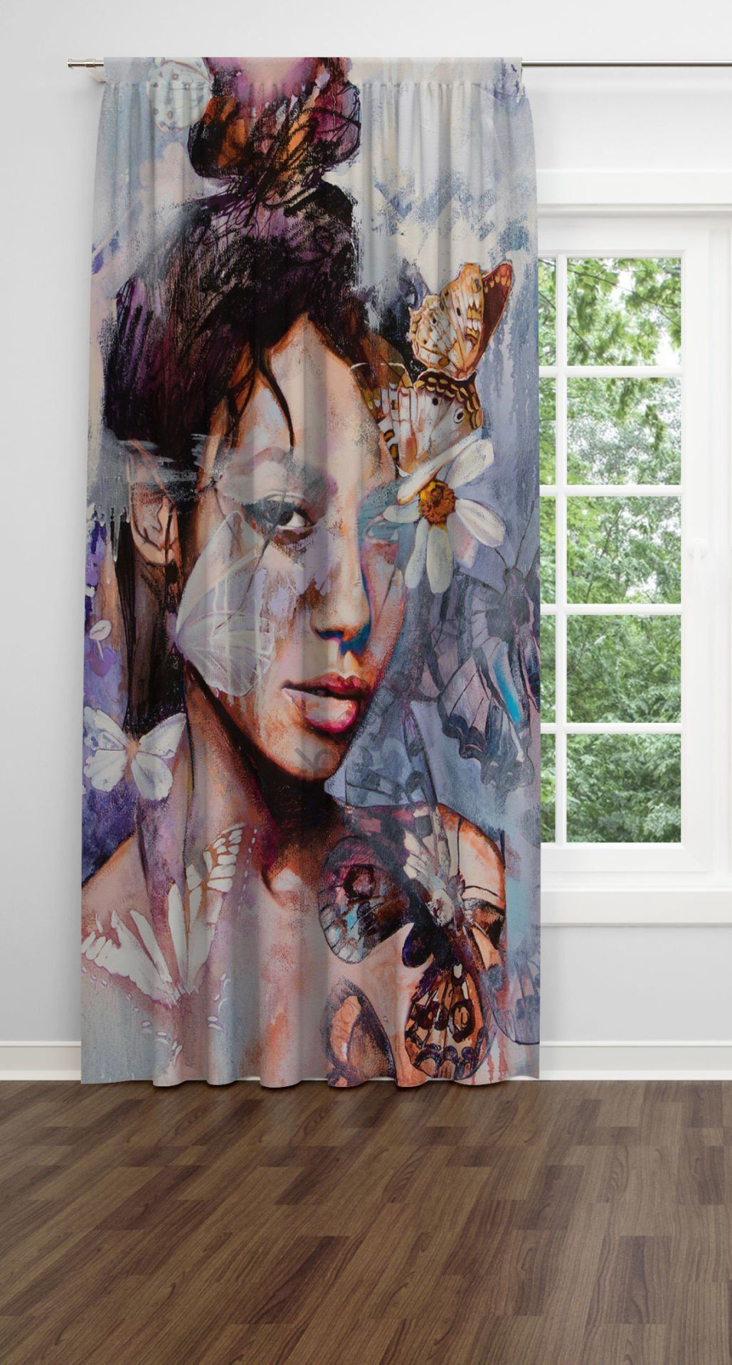 Kelebekler ve Sulu Boya Kadın  Fon Perde Tek Kanat 140x270 cm