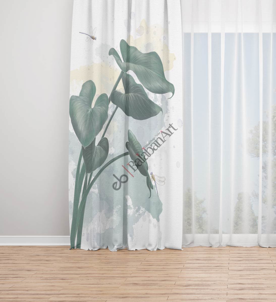 Yaprak ve Yusufcuk Desenli Dijital Baskılı Fon Perde Tek Kanat 140x240 cm