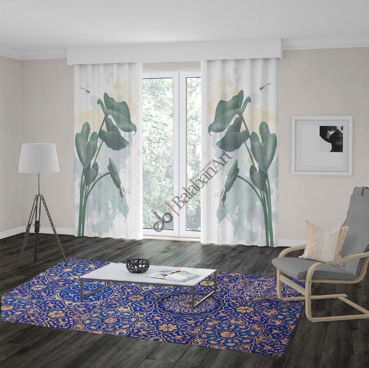 Yaprak ve Yusufcuk Desenli Dijital Baskılı Fon Perde Çift Kanat 280x250 cm