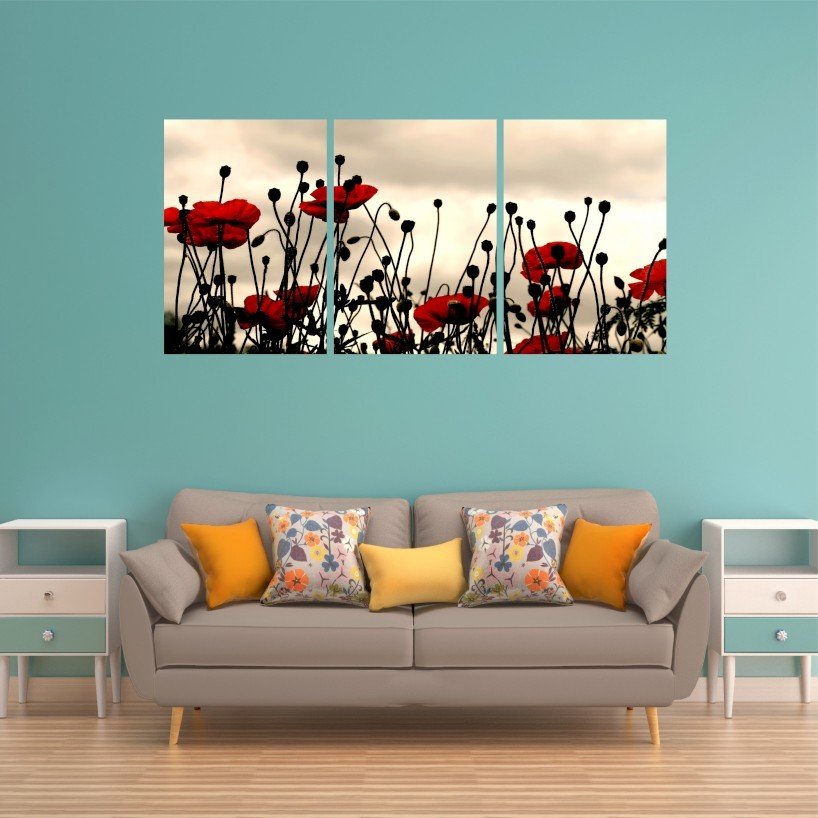 Kırmızı Çiçekler Parçalı Canvas Tablo