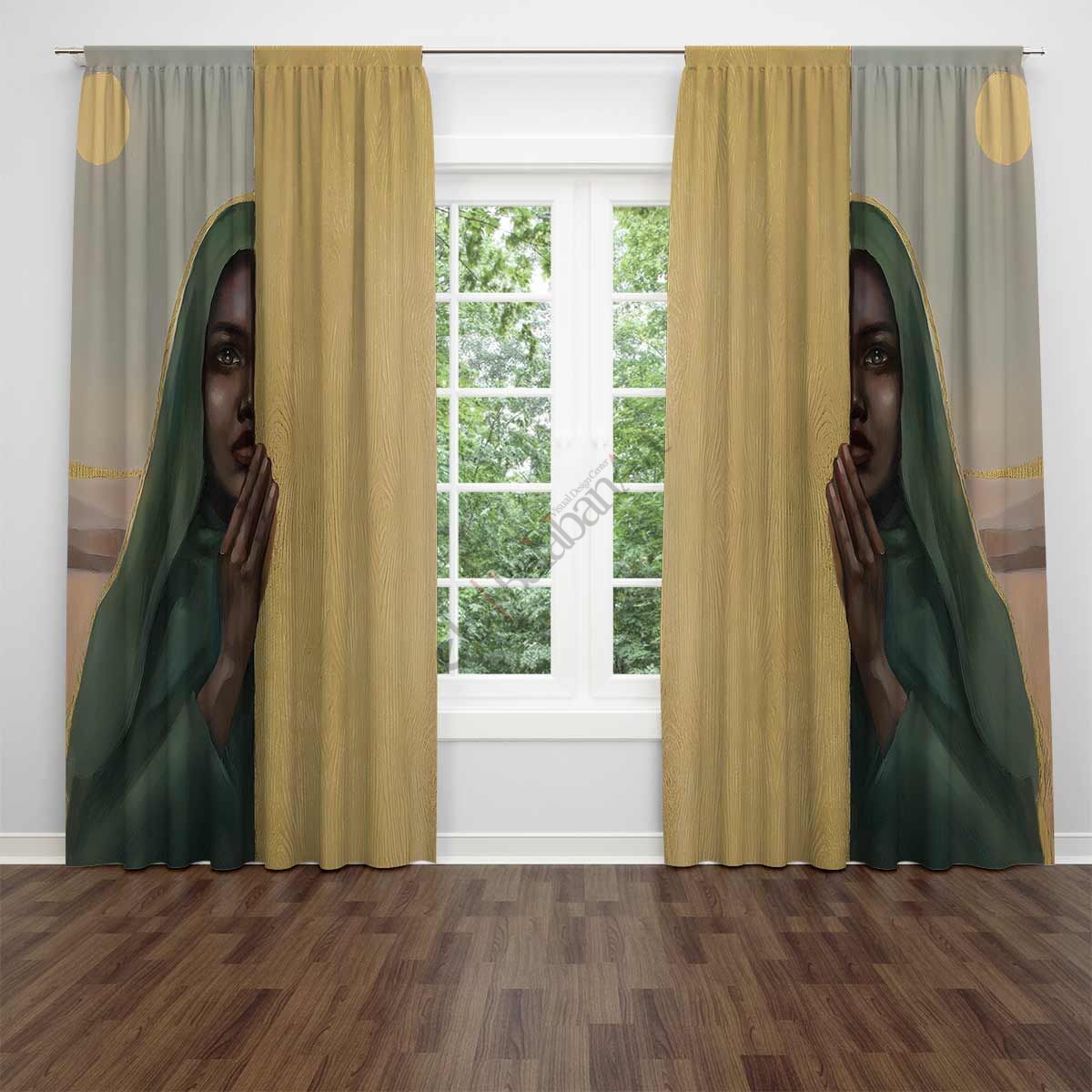 Siyahi Zenci Kadın Baskılı Dijital Fon Perde Çift Kanat 280x240 cm