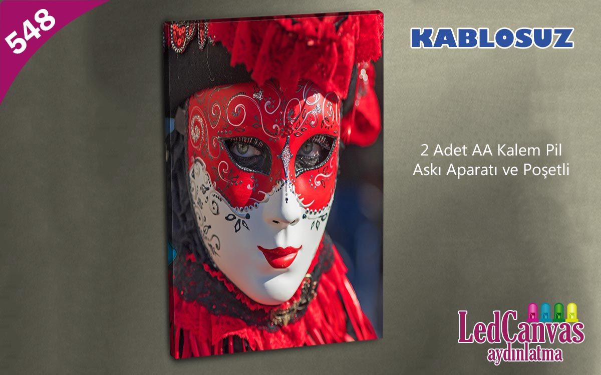 Kırmızı Maskeli Kadın Led Işıklı Kanvas  Tablo