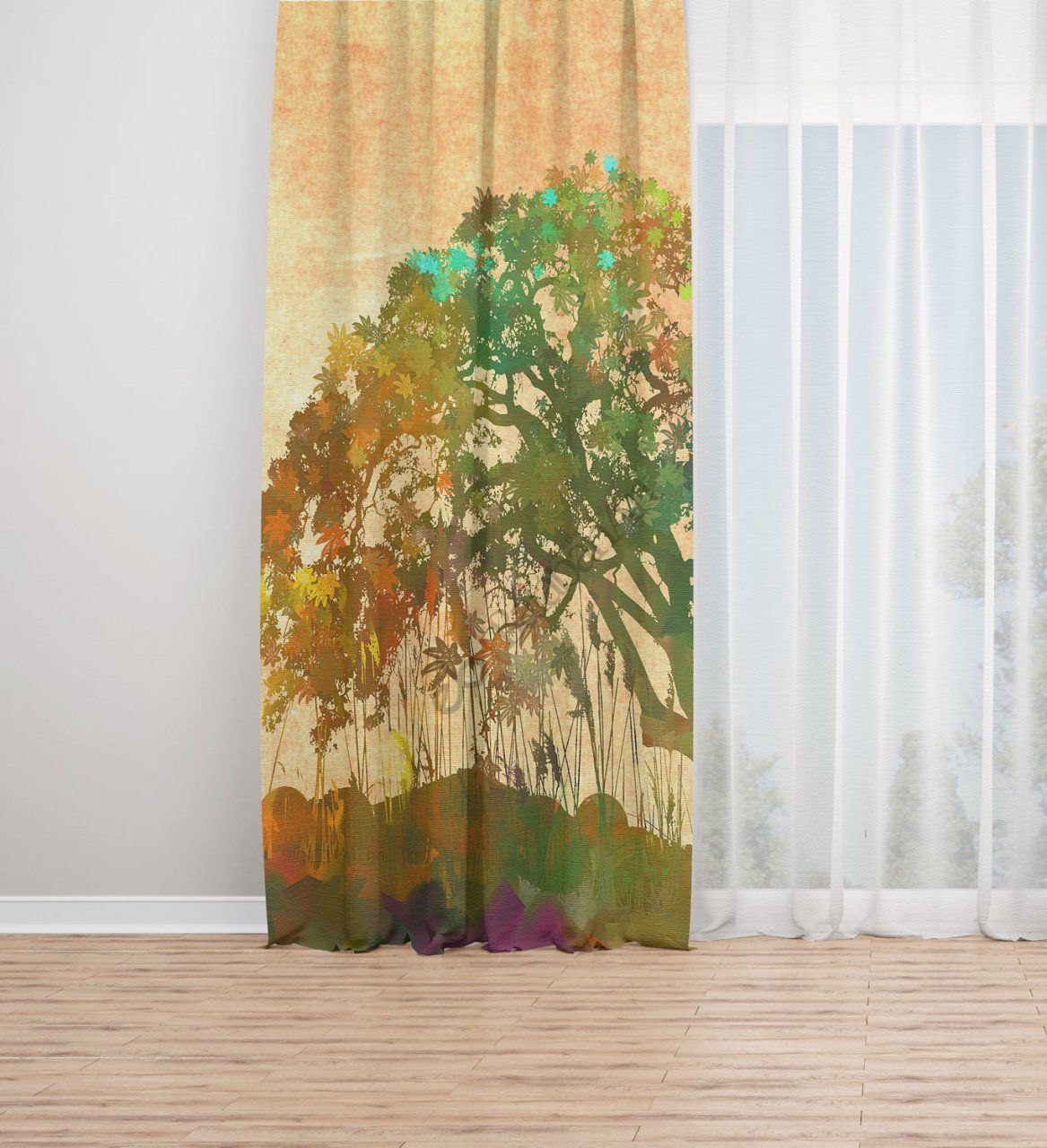 Sulu Boya Ağaç Desenli Dijital Baskılı Fon Perde Tek Kanat 140x240 cm