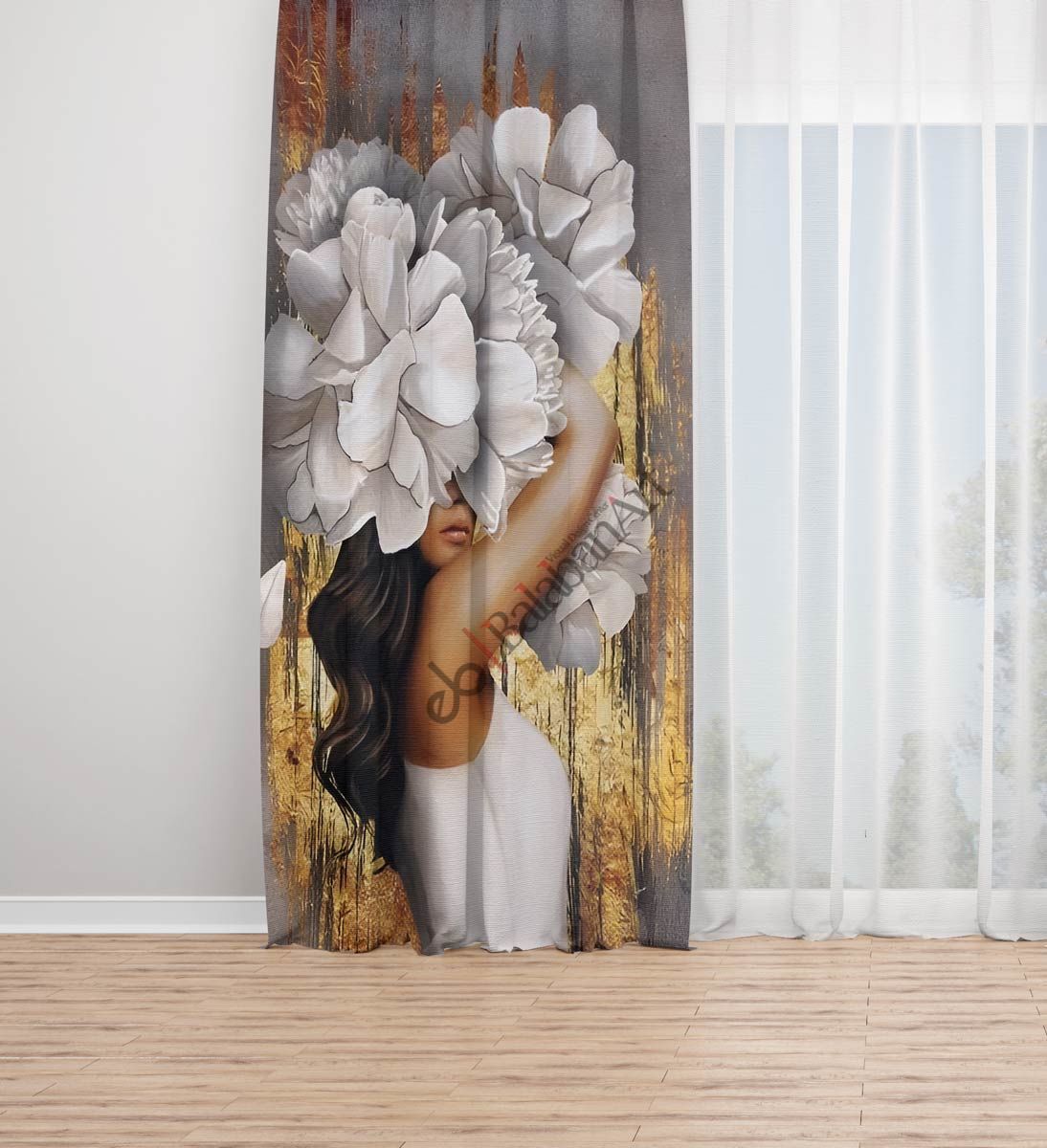 Çiçek Saçlı Sanatsal Kadın Dijital Baskılı Fon Perde Tek Kanat 140x260 cm
