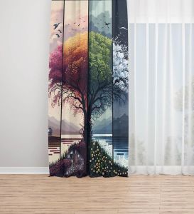 4 Mevsim Ağaç Yağlıboya Fon Perde Tek Kanat 140x250 cm
