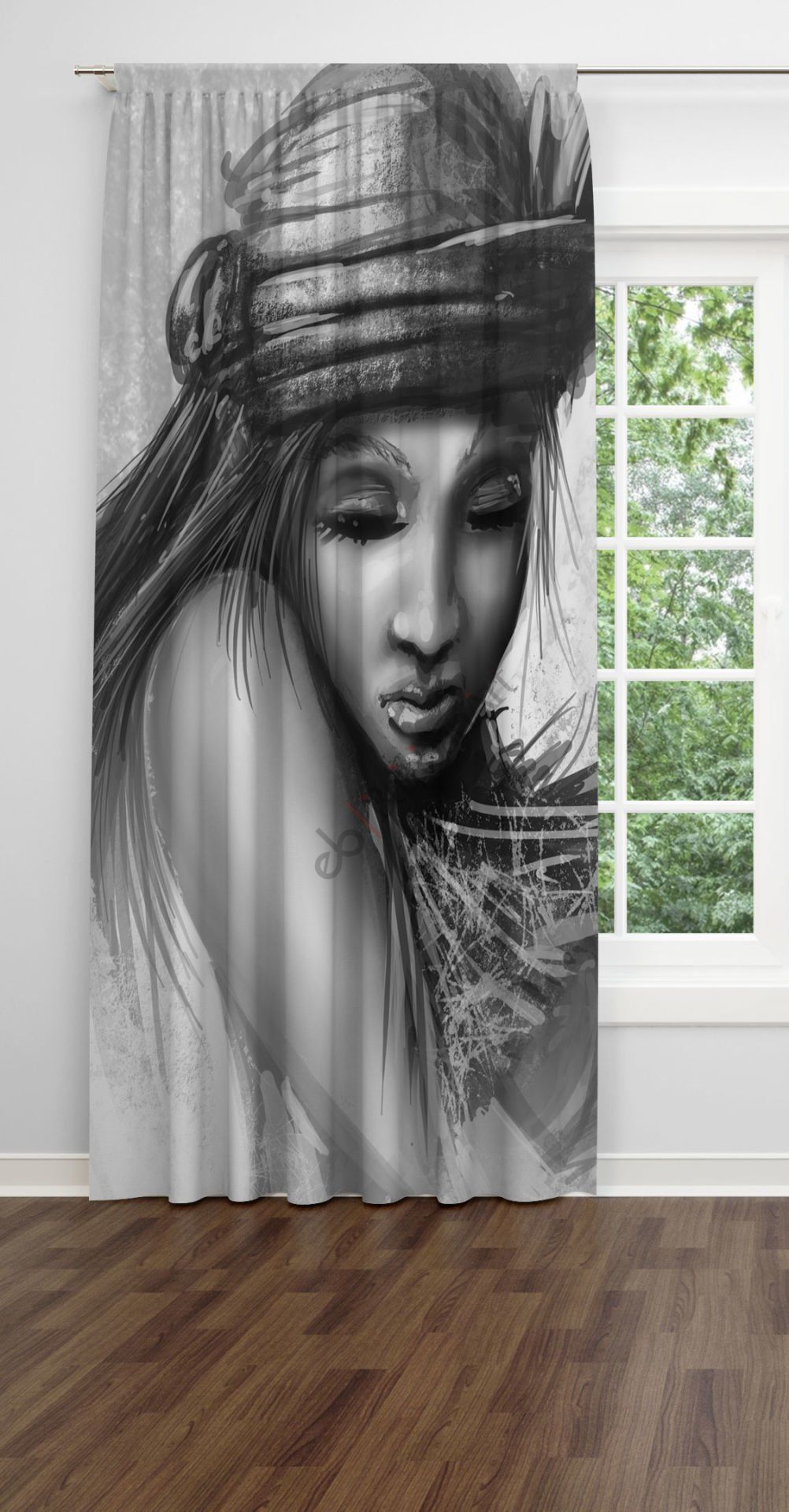 Karakalem Genç  Kız Tek Kanat Fon Perde Tek Kanat 140x240 cm