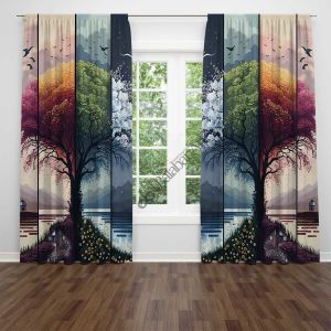 4 Mevsim Ağaç Yağlıboya Fon Perde Çift Kanat 280x260 cm