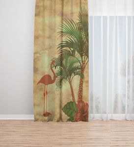 Palmiye ve Pelikan Desenli Dijital Baskılı Fon Perde Tek Kanat 140x250 cm