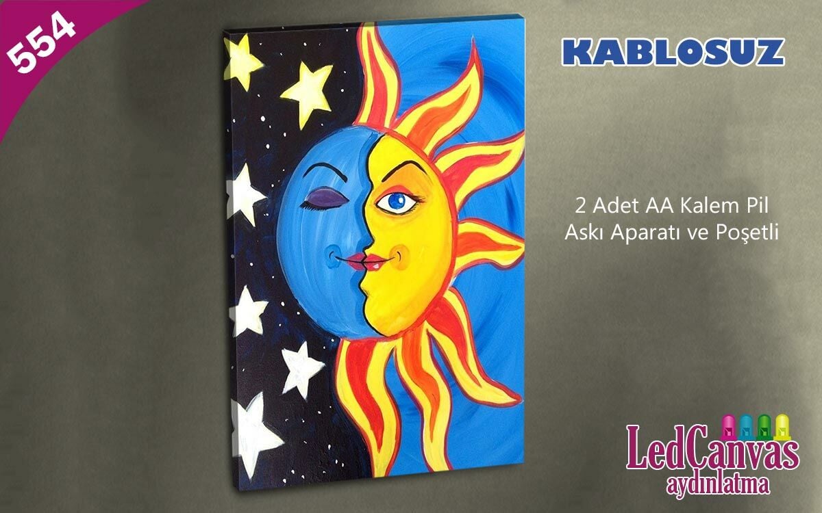 Ay Güneş ve Yıldızlar Led Işıklı Kanvas  Tablo