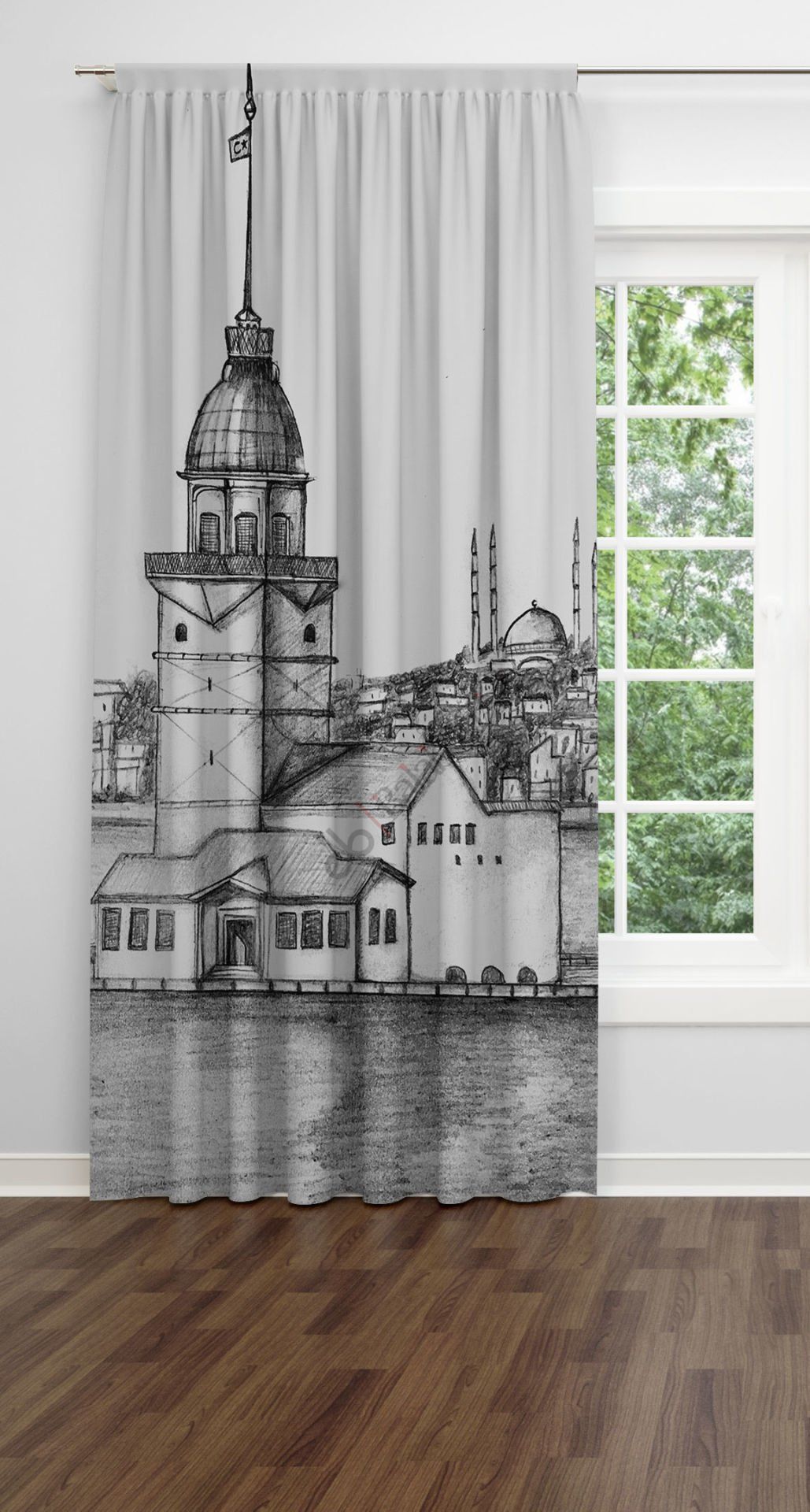 Karakalem Kız Kulesi Fon Perde Tek Kanat 140x240 cm