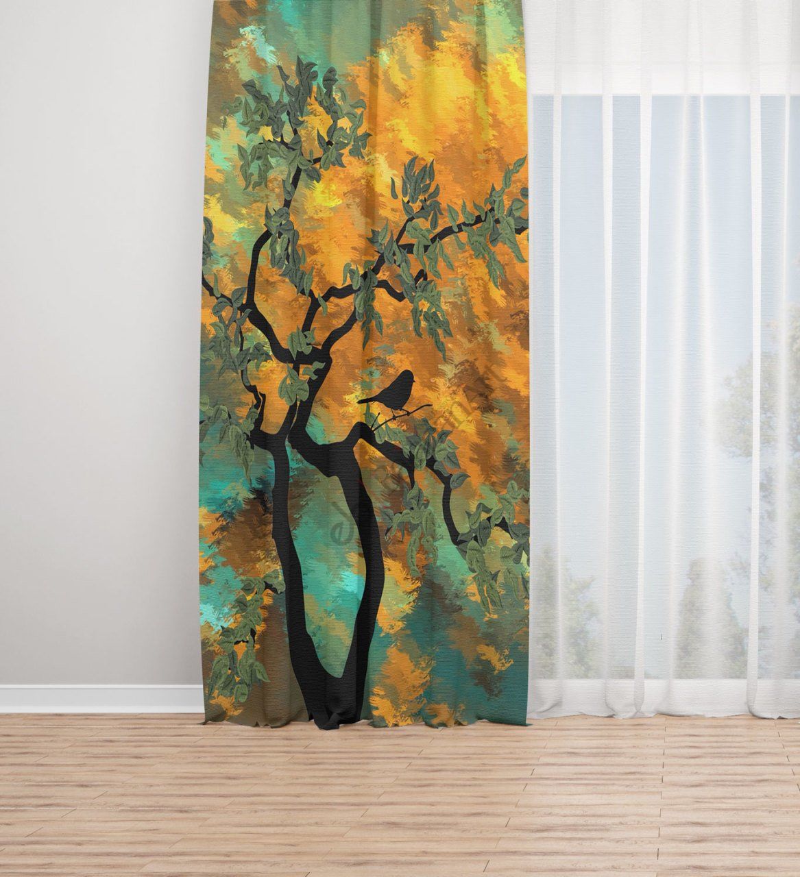 Ağaç Ve Kuş Dijital Baskılı Fon Perde Tek Kanat 140x280 cm