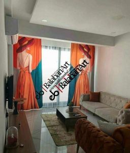 Kedi Baloncuk Kırmızı Siyah Dijital Baskılı Fon Perde Tek Kanat 140x260 cm