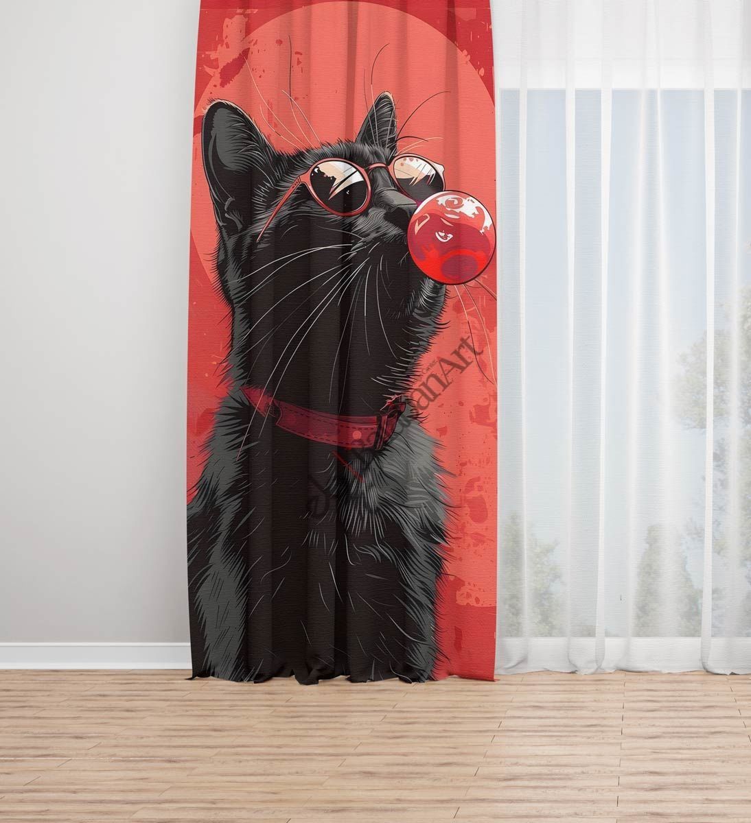 Kedi Baloncuk Kırmızı Siyah Dijital Baskılı Fon Perde Tek Kanat 140x280 cm