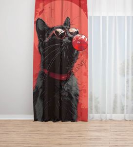 Kedi Baloncuk Kırmızı Siyah Dijital Baskılı Fon Perde Tek Kanat 140x280 cm