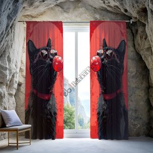 Kedi Baloncuk Kırmızı Siyah Dijital Baskılı Fon Perde Çift Kanat 280x240 cm