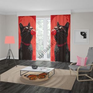 Kedi Baloncuk Kırmızı Siyah Dijital Baskılı Fon Perde Çift Kanat 280x240 cm