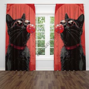 Kedi Baloncuk Kırmızı Siyah Dijital Baskılı Fon Perde Çift Kanat 280x260 cm