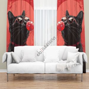 Kedi Baloncuk Kırmızı Siyah Dijital Baskılı Fon Perde Çift Kanat 280x260 cm