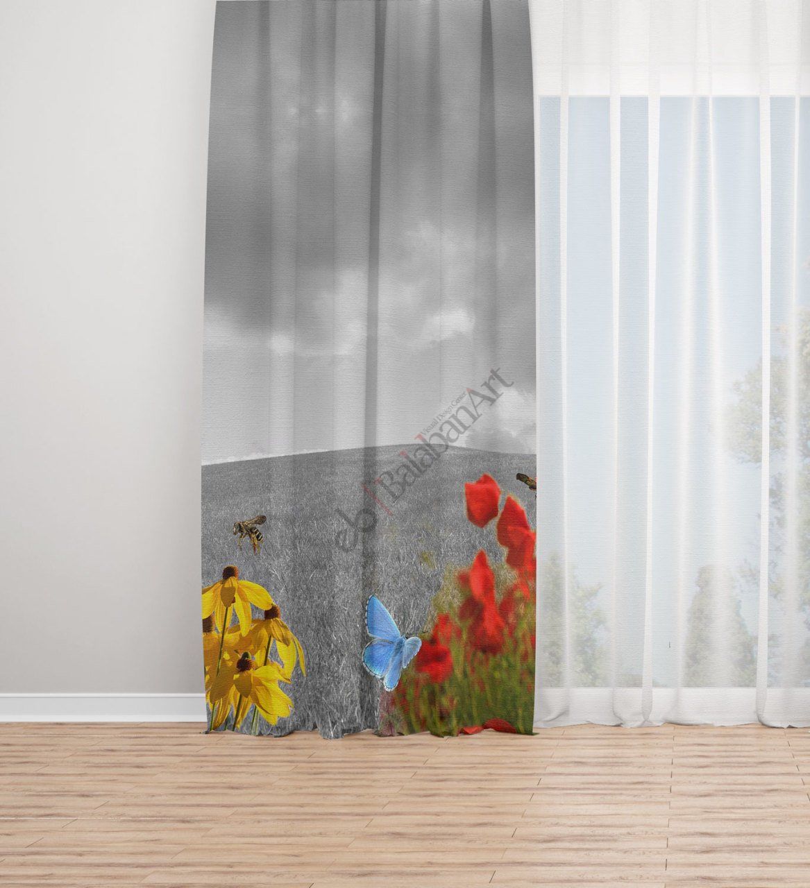 Kelebek Arı Dijital Baskılı Fon Perde Tek Kanat 140x240 cm
