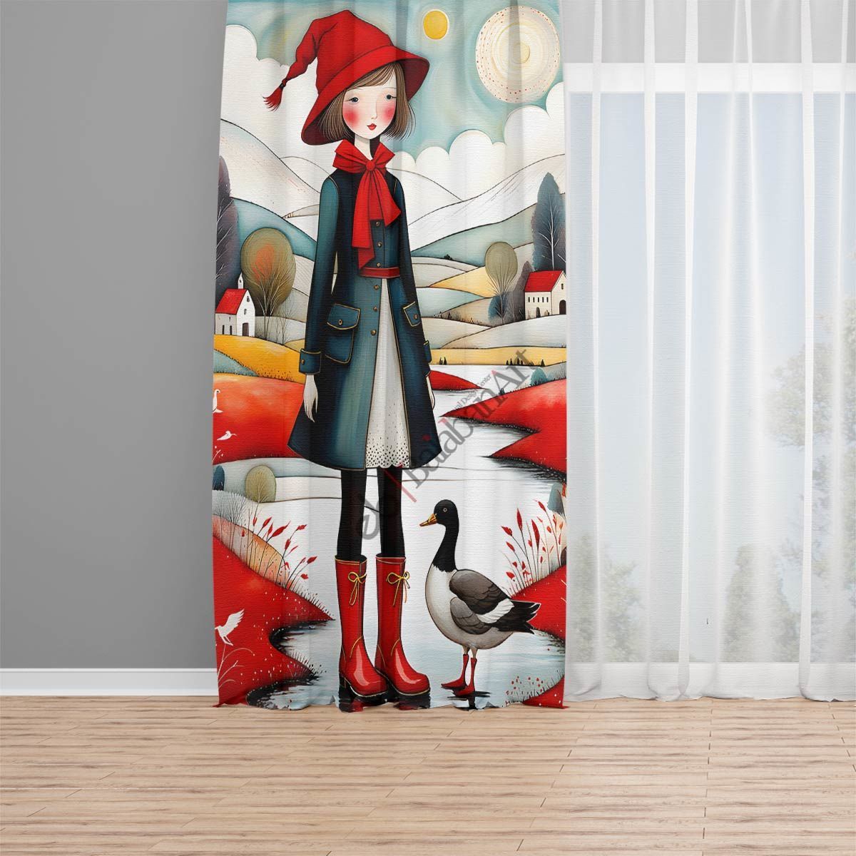 Kırmızı Başlıklı Kız Sanatsal Çalışma Dijital Baskılı Curtain Perde Tek Kanat 140x280 cm