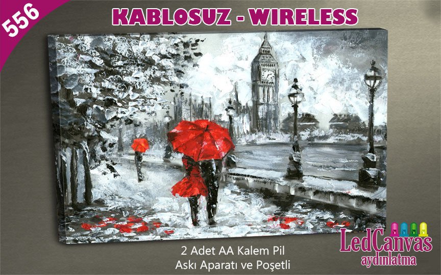 Yağlıboya Kırmızı Şemsiyeli Kadın Led Kanvas  Işıklı Tablo 45x65 cm