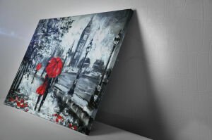 Yağlıboya Kırmızı Şemsiyeli Kadın Led Kanvas  Işıklı Tablo 45x65 cm