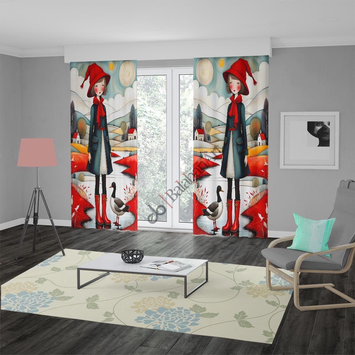 Kırmızı Başlıklı Kız Sanatsal Çalışma Dijital Baskılı Curtain Perde Çift Kanat 280x280 cm
