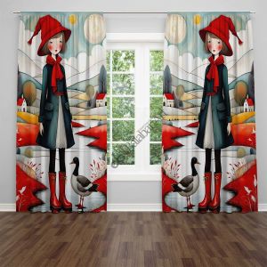 Kırmızı Başlıklı Kız Sanatsal Çalışma Dijital Baskılı Curtain Perde Çift Kanat 280x280 cm