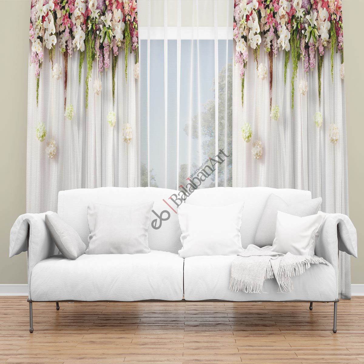 Çiçekli Tül Perde Desenli Baskılı Fon Perde Çift Kanat 280x250 cm