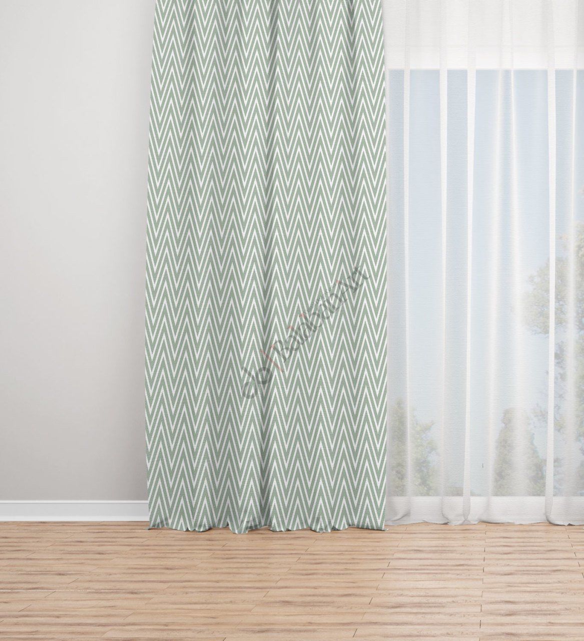 Yeşil Zikzak Desen Dijital Baskılı Fon Perde Tek Kanat 140x250 cm