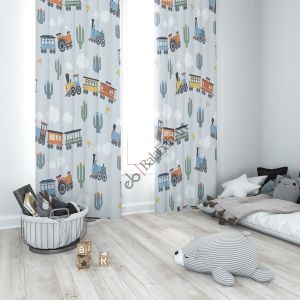 Tren ve kaktüs desenli çocuk odası dijital fon perde Çift Kanat 280x240 cm