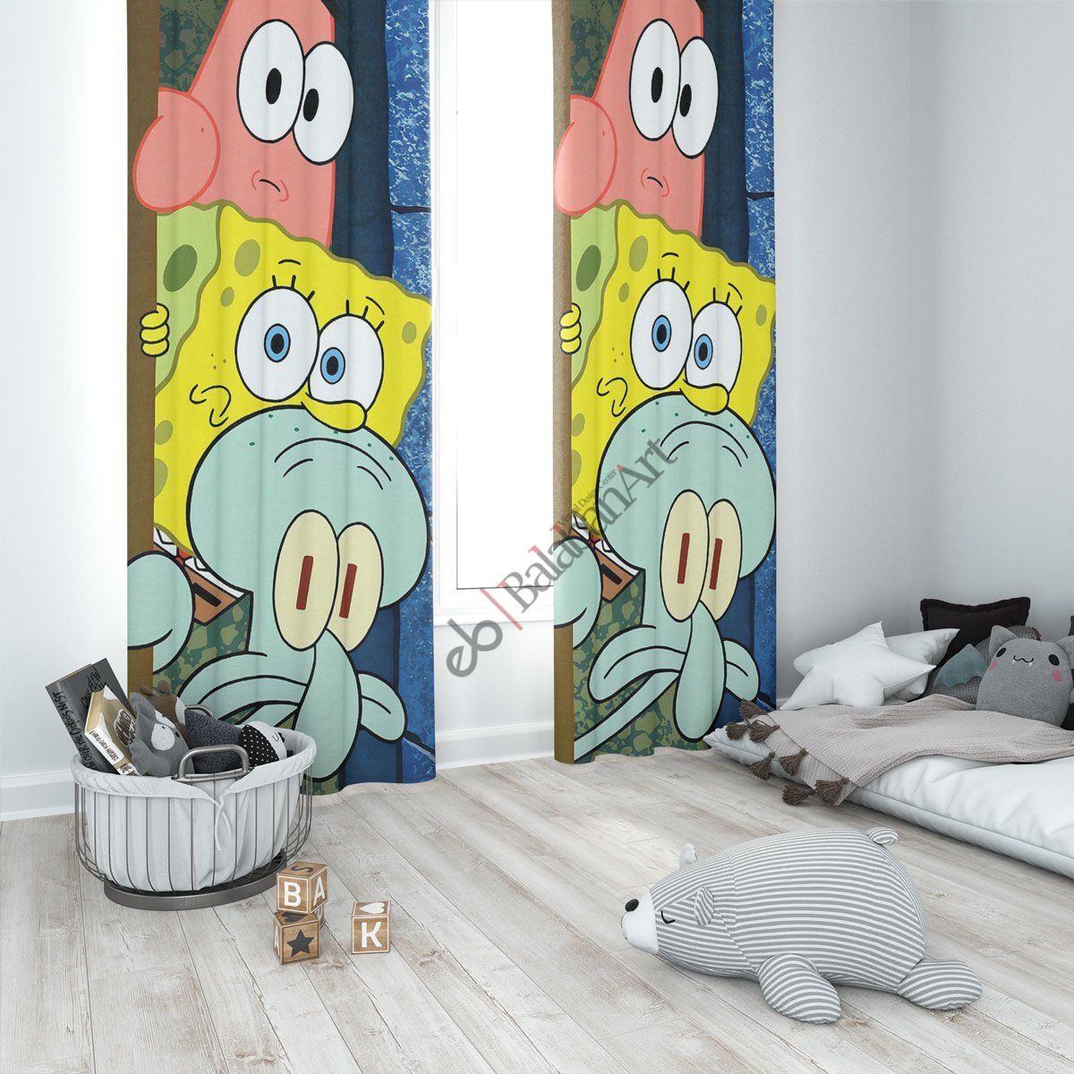 SüngerBob KareŞort dijital baskılı çocuk odası fon perde Çift Kanat 280x280 cm