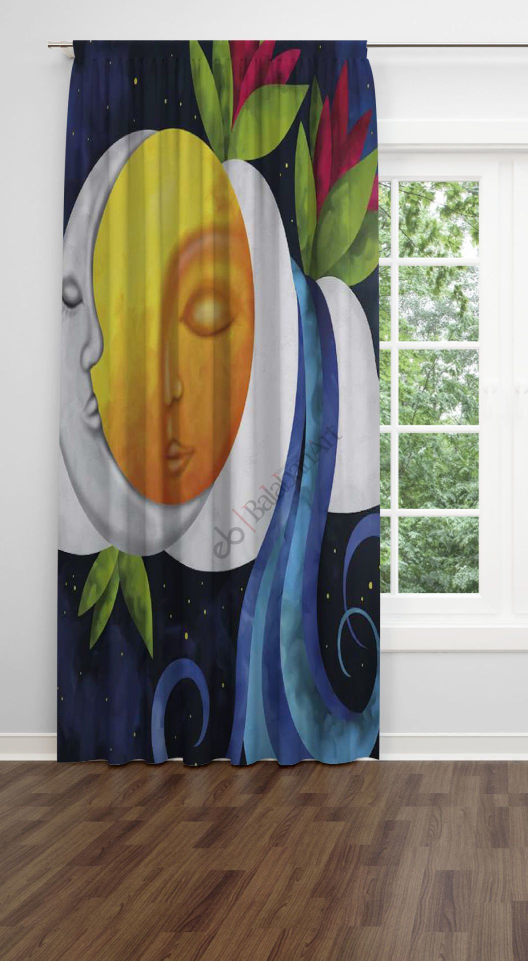 Ay Güneş ve Çiçekler  Dijital Baskılı Fon Perde Tek Kanat 140x250 cm