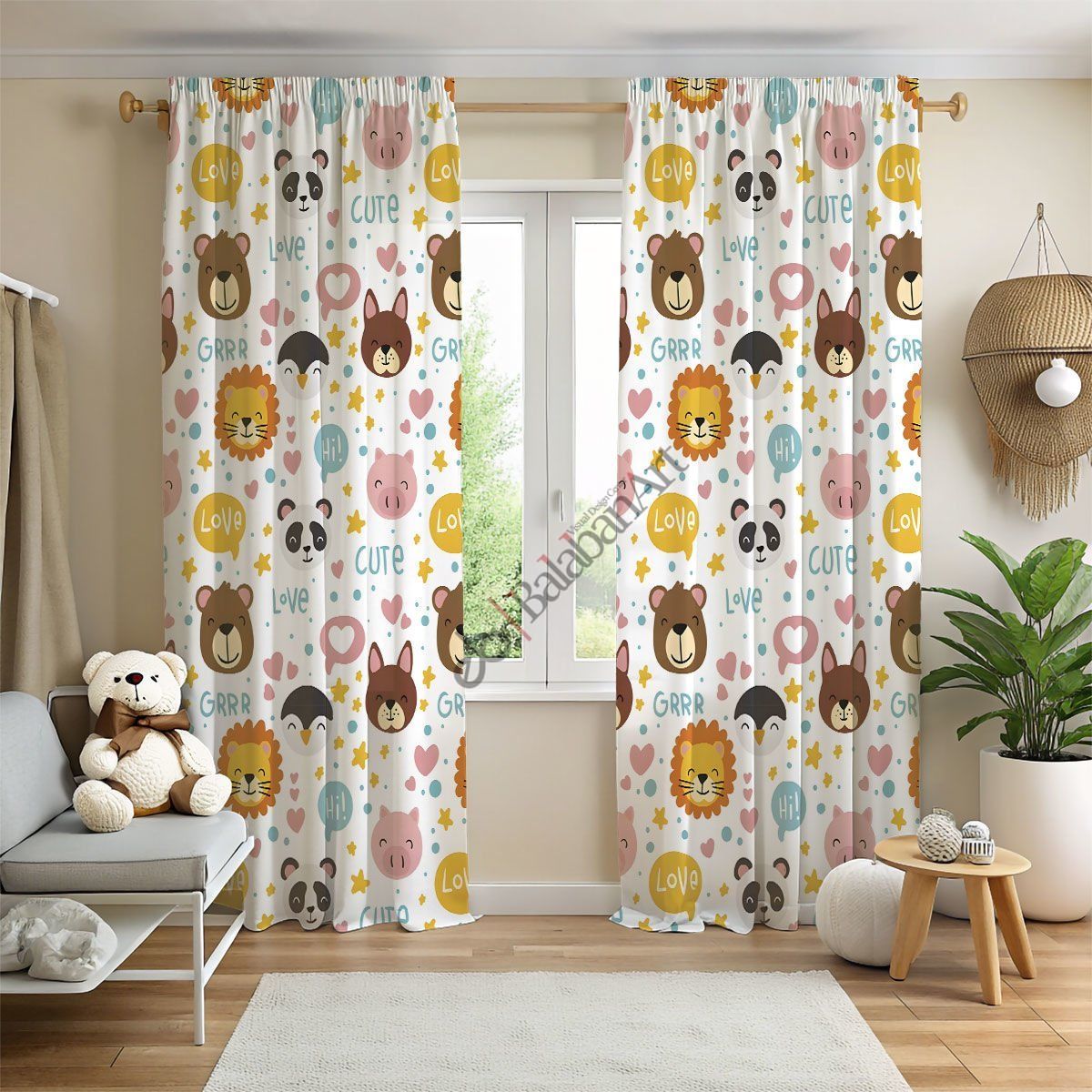 Hayvanlar Alemi Çocuk Odası Baskılı Fon Perde Çift Kanat 280x280 cm