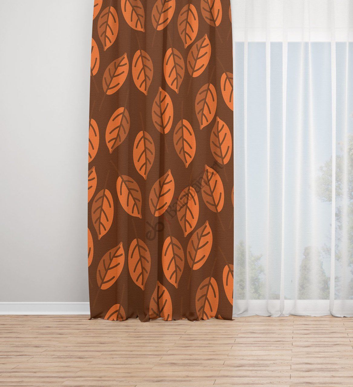 Turuncu Yapraklar Dijital Baskılı Fon Perde Tek Kanat 140x250 cm