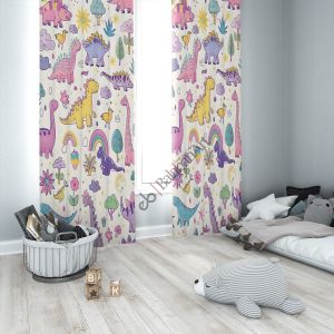 Dinazor ve Gökkuşağı Çocuk Odası Dijital Baskılı Fon Perde Çift Kanat 280x280 cm