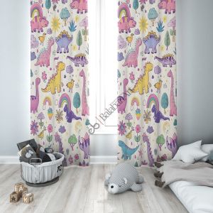 Dinazor ve Gökkuşağı Çocuk Odası Dijital Baskılı Fon Perde Çift Kanat 280x280 cm