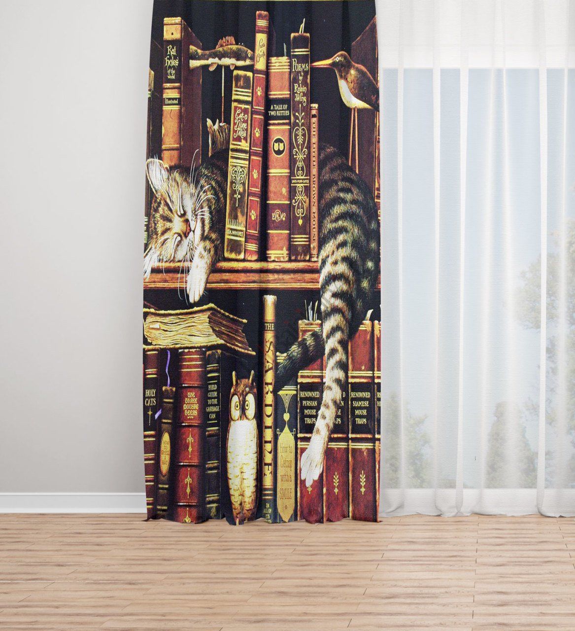 Kedi Kütüphane Dijital Baskılı Fon Perde Tek Kanat 140x240 cm