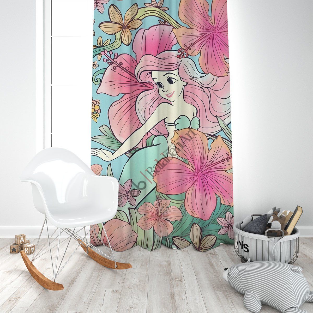 Denizkızı Çiçekler Kız Çocuk Odası Dijital Baskılı Fon Perde Tek Kanat 140x240 cm