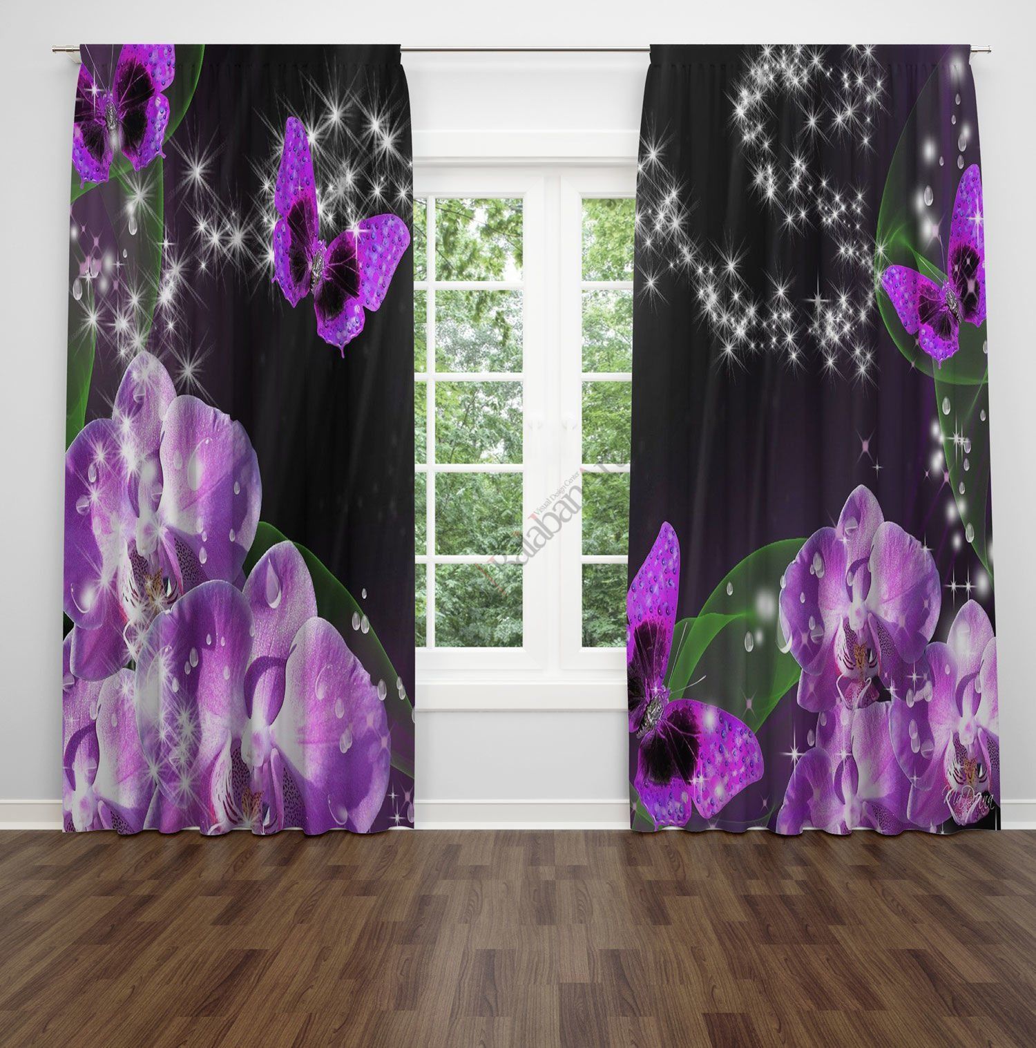 Orkide Çiçek Desenli Dijital  Fon Perde Çift Kanat 280x240 cm