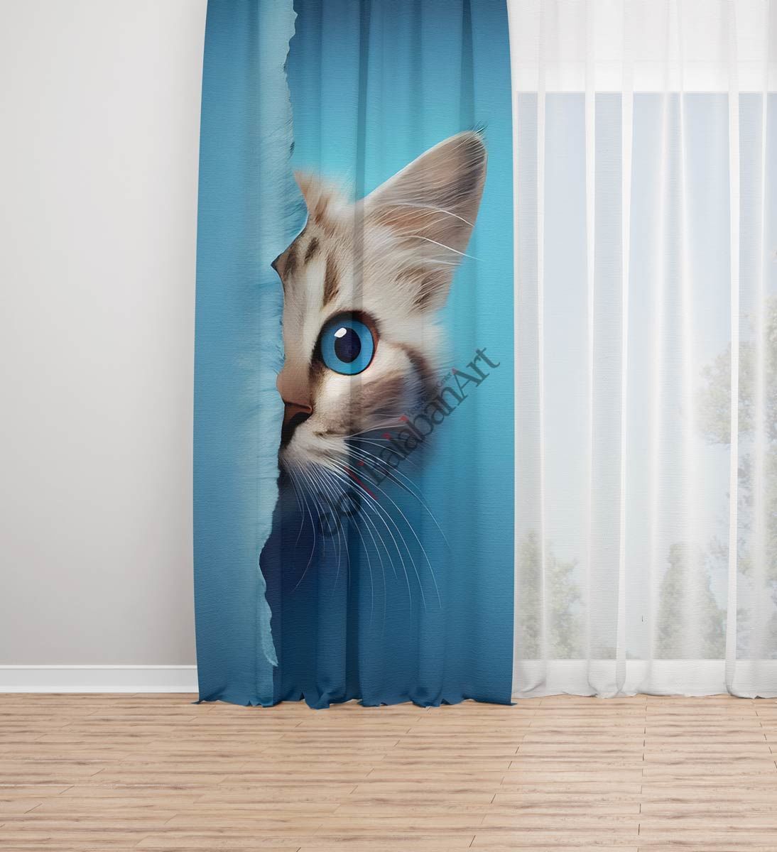 Mavi Kedi Dijital Baskılı Fon Perde Tek Kanat 140x260 cm