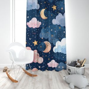 Gece Yıldız ve Bulutlar Çocuk Odası Perde Çift Kanat 280x270 cm