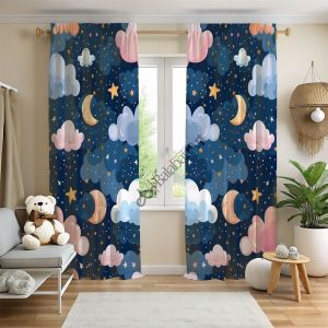 Gece Yıldız ve Bulutlar Çocuk Odası Perde Çift Kanat 280x270 cm